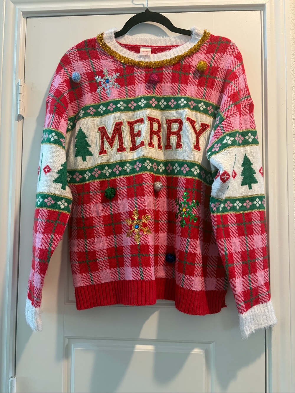 Holiday Time 'MERRY' Plaid Crewneck Sweater in Red, Pink & Green